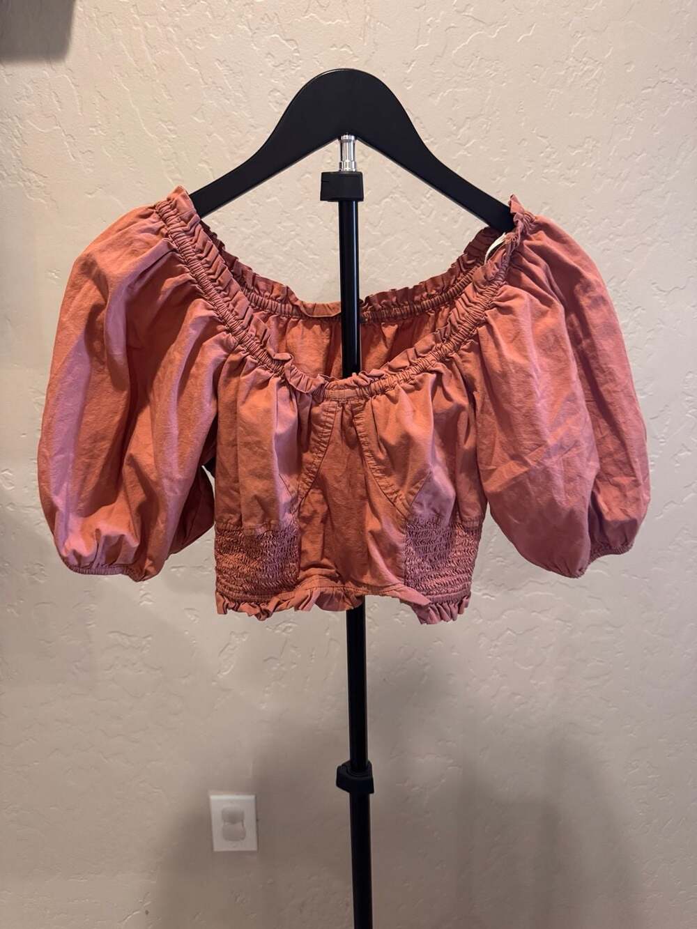 Free People Women's Puff Sleeve Smocked Off-the-Shoulder Crop Top in Rust